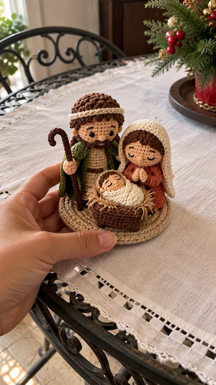 Sagrada Família de amigurumi segurada sobre uma mesa com decoração natalina