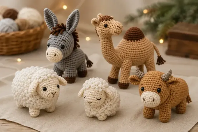 Burro, camelo, boi e ovelhas