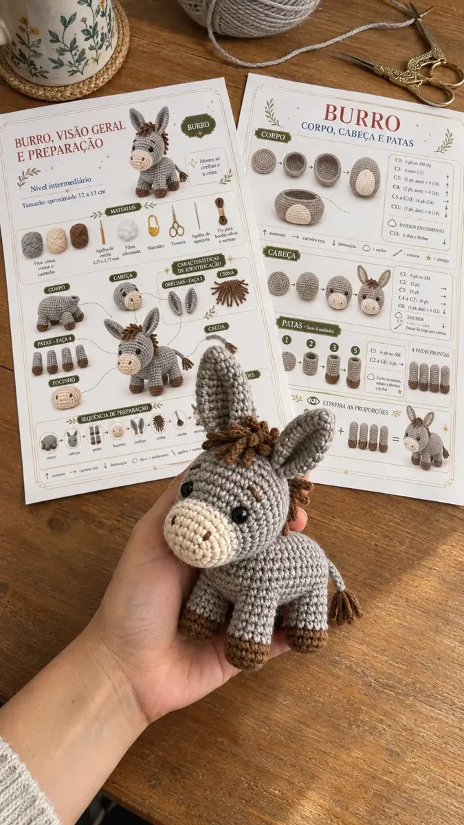 Burro de amigurumi com as receitas impressas