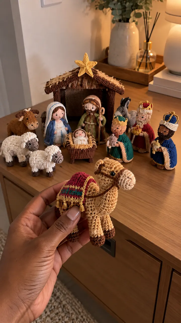 Camelo de amigurumi na mão diante do presépio completo sobre a mesa